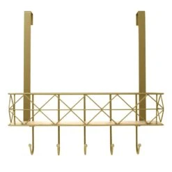 5-Hook Gold Bombay Diamond With Bamboo Brass Basket Over The Door Hanger