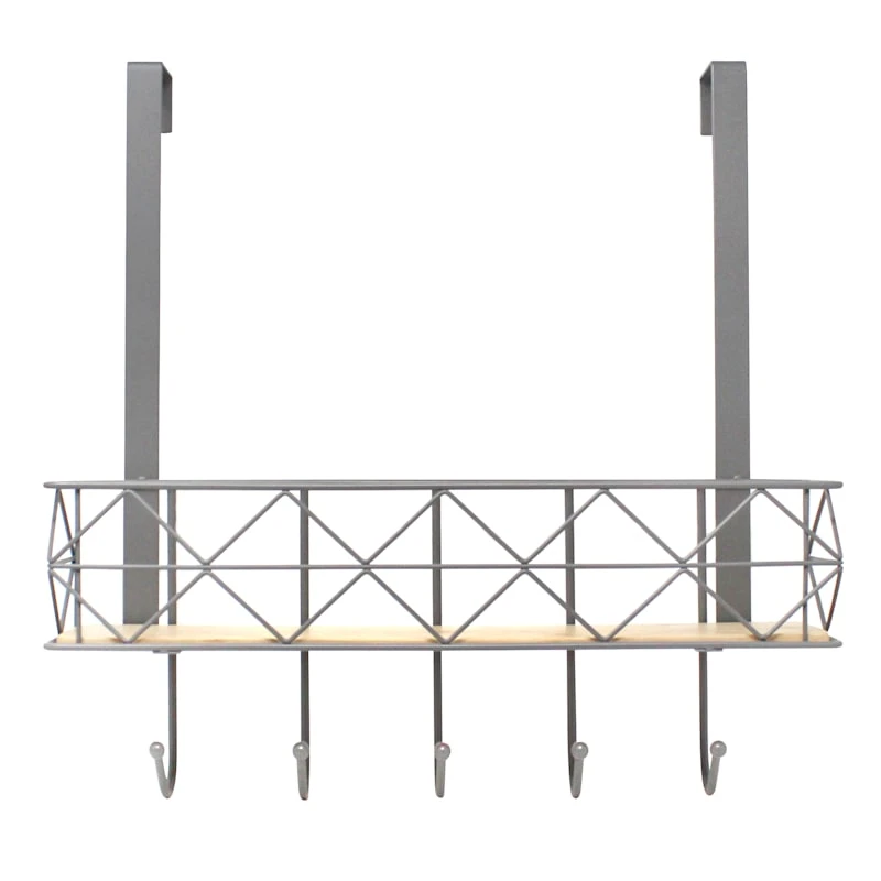 5-Hook Grey Bombay Diamond With Bamboo Wood Basket Over The Door Hanger 1 5-Hook Grey Bombay Diamond With Bamboo Wood Basket Over The Door Hanger