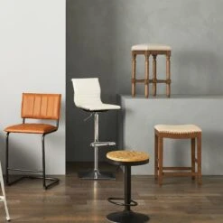 Ainsley Upholstered Tan Wood Counter Stool With Nailhead Trim, 26" -Furniture Store ainsley upholstered tan wood counter stool with nailhead trim 26 2