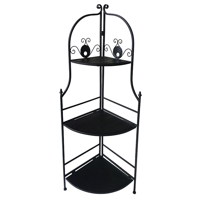 Black Metal Corner Rack With Folding Wooden Shelves, 48" 1 Black Metal Corner Rack With Folding Wooden Shelves, 48"