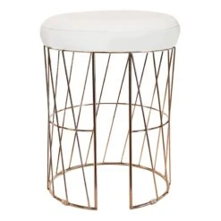 Diago Metallic Blush Wire Vanity Stool/Padded White Faux Leather Seat