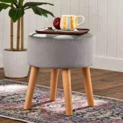 Emmy Grey Velvet Round Wood Leg Ottoman -Furniture Store emmy grey velvet round wood leg ottoman 4