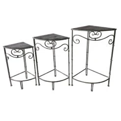 Fan Shaped Wood Top Plant Stand With Rustic Double Tube Metal Leg, Large