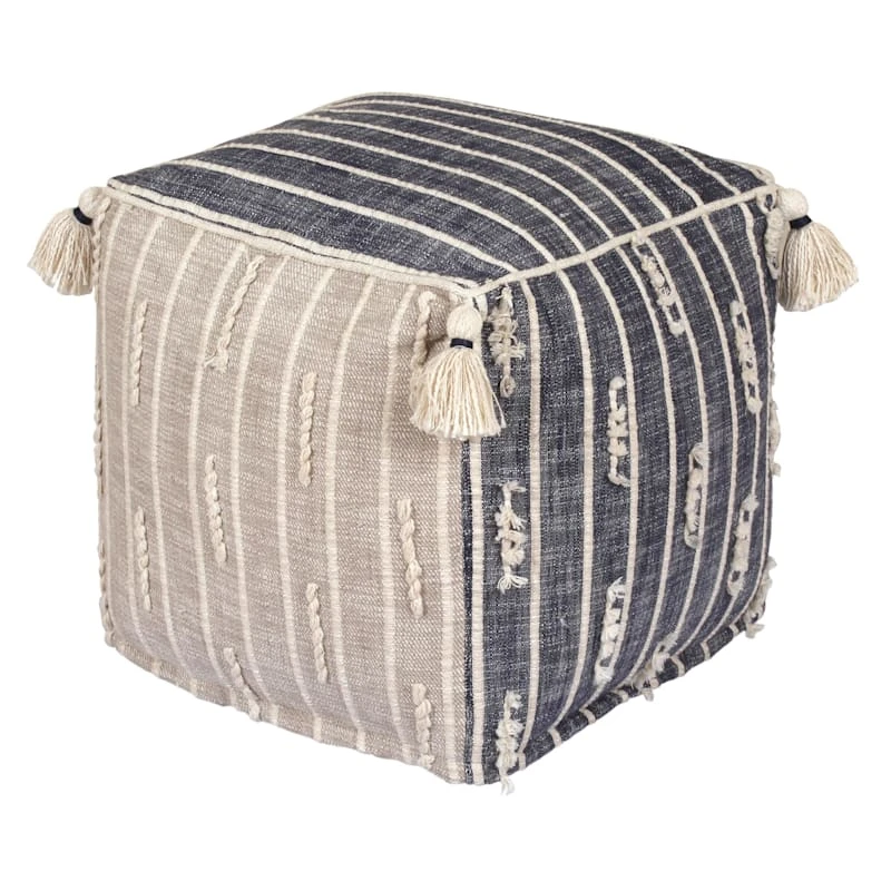 Honeybloom Nora Blue Woven Embroidered Pouf, 18" 1 Honeybloom Nora Blue Woven Embroidered Pouf, 18"