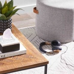 Honeybloom Rica Textured Pouf With Faux Leather Handles, Grey -Furniture Store honeybloom rica textured pouf with faux leather handles grey 4