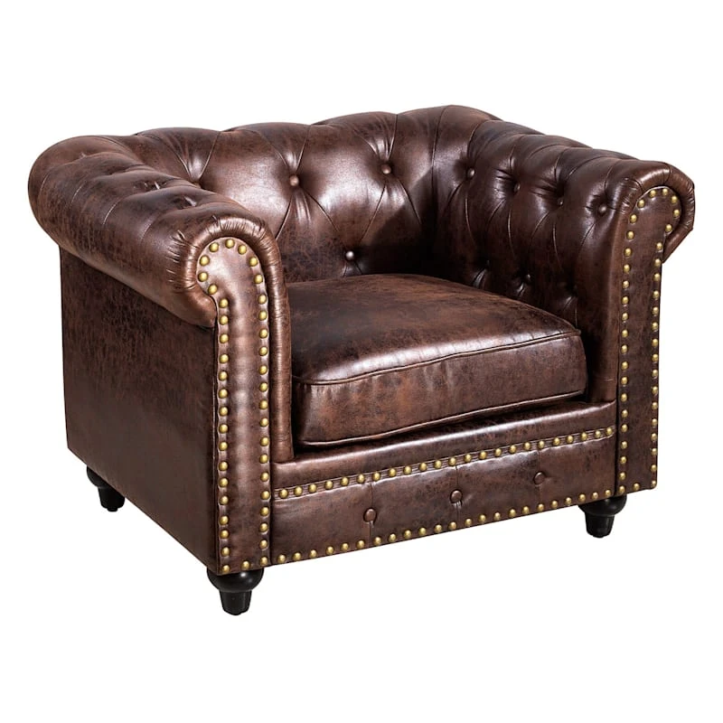 Providence Chesterfield Tufted Brown Faux Leather Rolled Armchair 1 Providence Chesterfield Tufted Brown Faux Leather Rolled Armchair