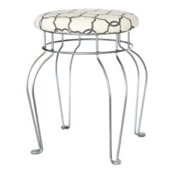 Quatrefoil Silver Wire Vanity Stool/Ivory Printed Fabric Seat