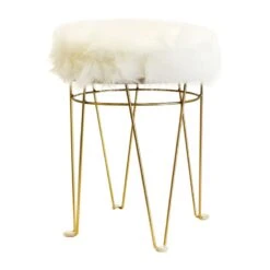 Rion White Faux Fur & Gold Vanity Stool