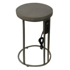 Round Wood-Top Gold Metal C-Table With USB Port, Small