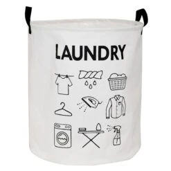 Soho White Round Laundry Hamper With Icons, Large